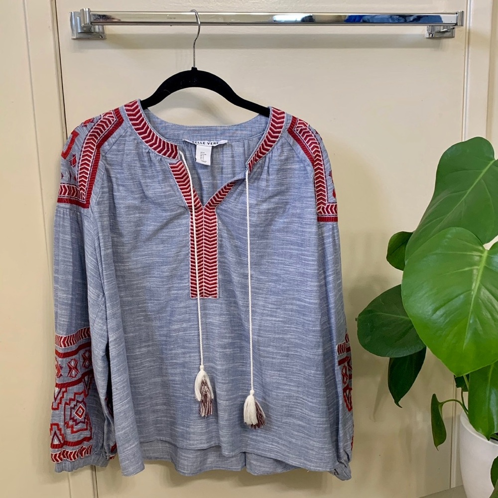 Belle Vere Blue Boho Top w/ Red Embroidery Trim